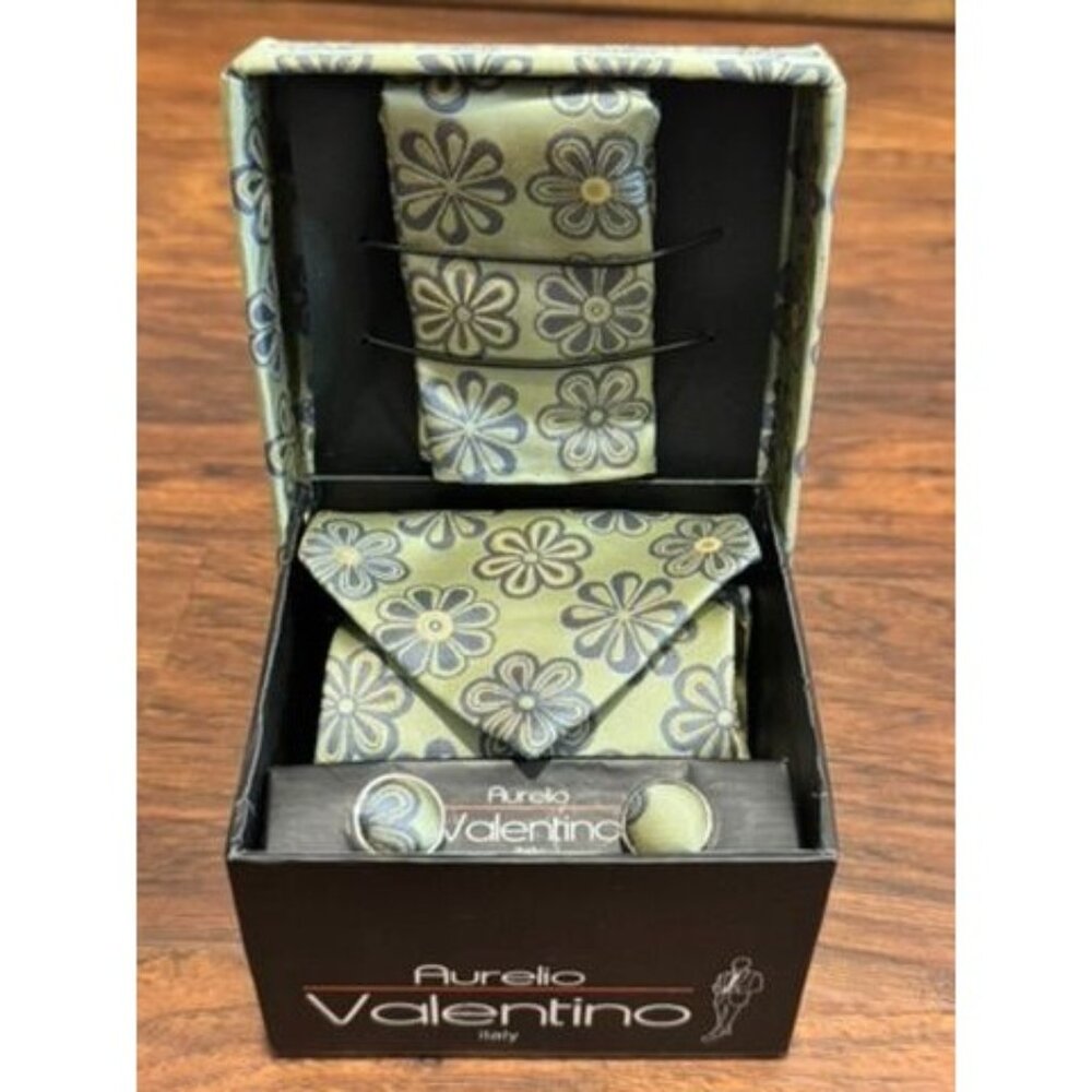 VTG New Aurelio Valentino Floral Tie Set W/ Cufflinks & Pocket Square Fancy Box